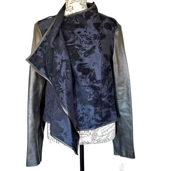 Vintage 90s Size S Black Leather Floral Embroidered Velvet Open Front Jacket - Picture 4 of 11